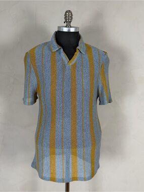 Zara Men’s Large Open Knit Striped Polo Shirt Blue Mustard Retro Resort
